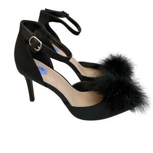 NEW BCBGeneration Abiny Feather Pom Pom Heels Black Pointy Ankle Strap Stiletto
